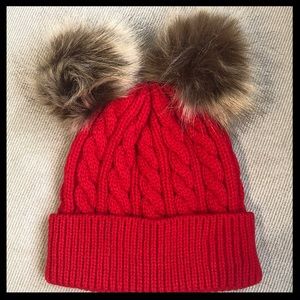 Baby/Toddler Faux Fur Pom Pom Knit Hat Red